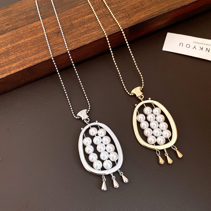 Vintage Simulated Pearl Oval Pendant Necklace Long Chain Tassel Jewelry Women