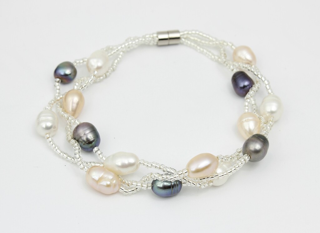Women Real Black Pearl / Pink /White Pearl Twist Bead Mix Pearl Bracelet 7.5″