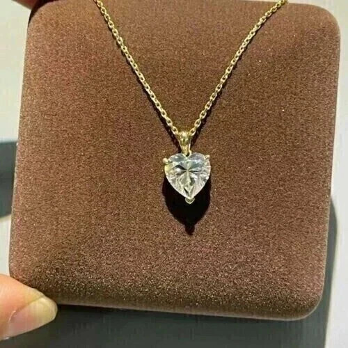 2 CT Heart Cut Moissanite 14K Yellow Gold Plated Solitaire Pendant Women