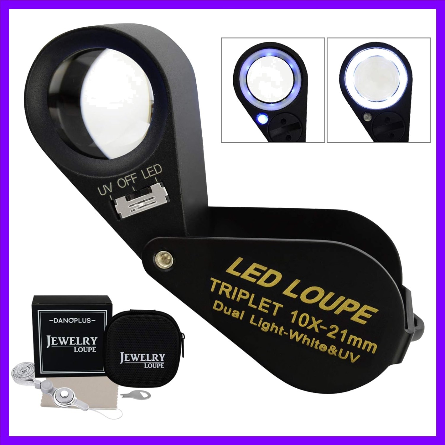 10x Magnifier Jewelry Loupe LED UV 21mm Triplet Lens Optical Glass Pocket Gem…