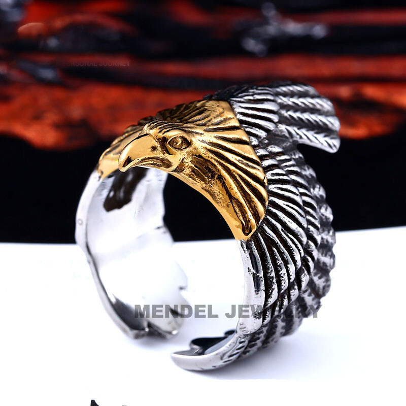MENDEL Mens Stainless Steel Gold Plated Eagle Head Bird Biker Ring Men Size 7-15