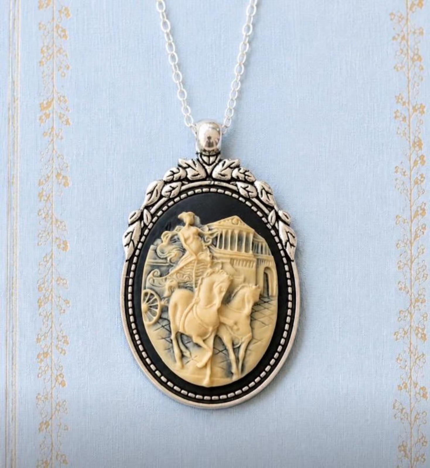 Classical Greek Goddess Cameo Necklace Black Ivory Silver Pendant Jewelry
