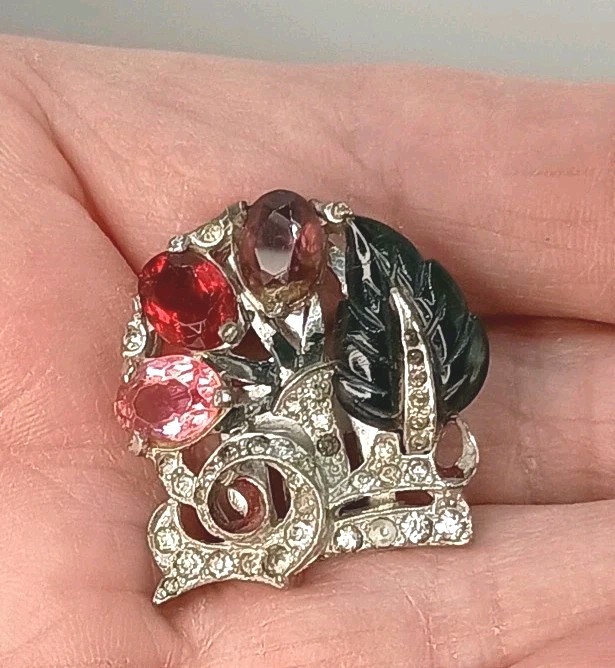 Art Deco Mazer Bros Dress Clip Fruit Salad Tutti Frutti Crystal Floral Spray