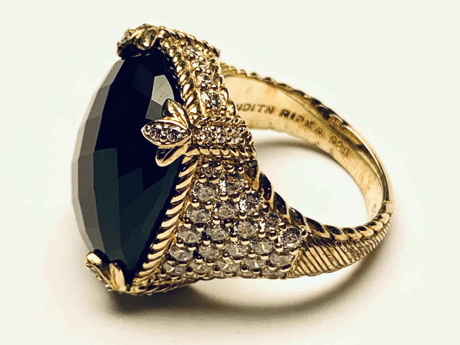 Judith Ripka 14k Gold Over 925 Sliver Black Onyx & CZ Monaco Cocktail Ring Sz 8