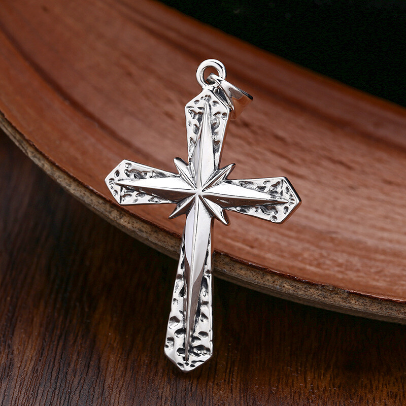 S925 Silver STARBURST CROSS Pendant Textured Hammered Mens Large HEAVY 16g