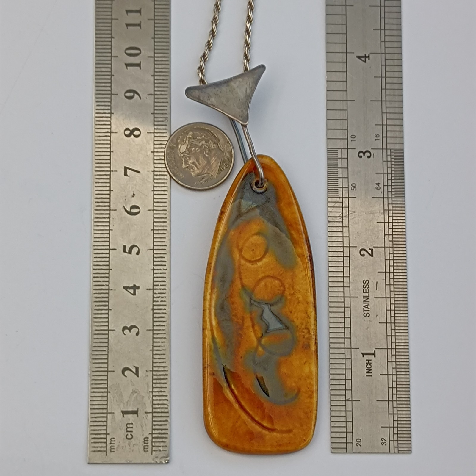 VTG Silver Modernist Israeli Enamel Necklace Abstract 60s 7Os Mustard Yellow 925