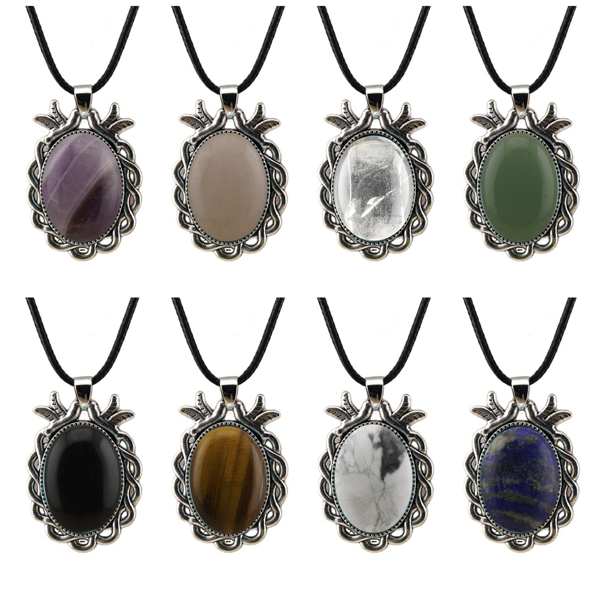 Natural Gemstone Oval Pendant with Lace and Bird Feather Wrapped Necklace
