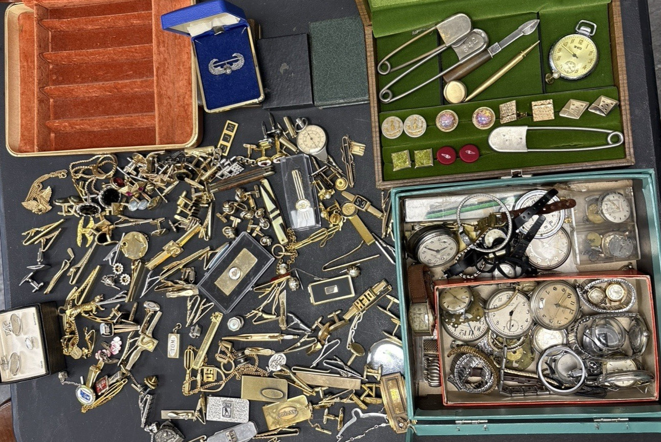 Huge Vintage Men’s Cufflink Pocket Watch & Jewelry etc Lot over 150 PC LOT