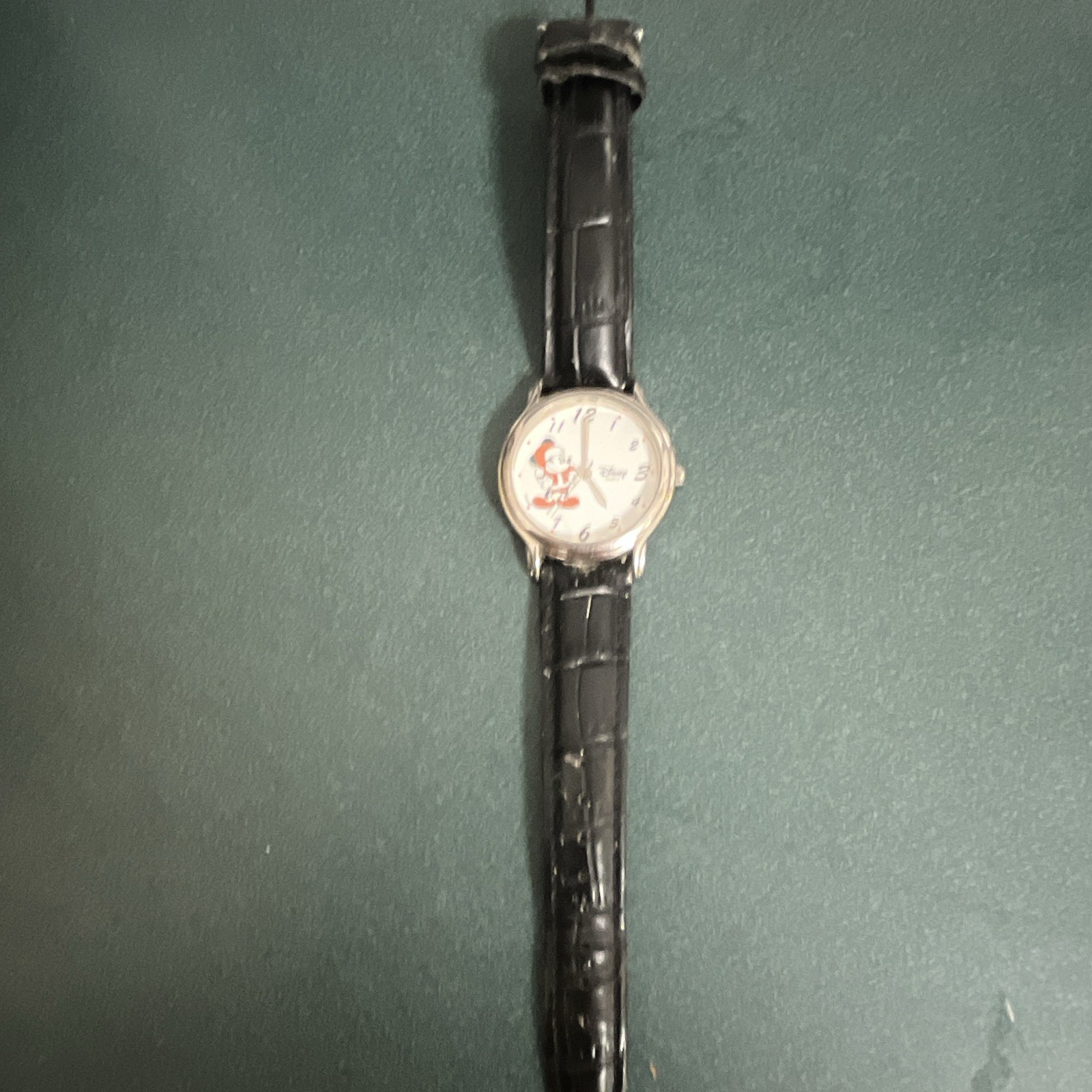 Disney Mickey Mouse Quartz Analog Watch 25mm Silver Case Black Leather Strap