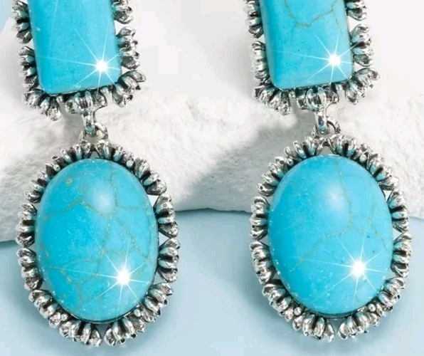 Bohemian Style Resin Turquoise Color Dangle Earrings. Silvertone ,Rinestones