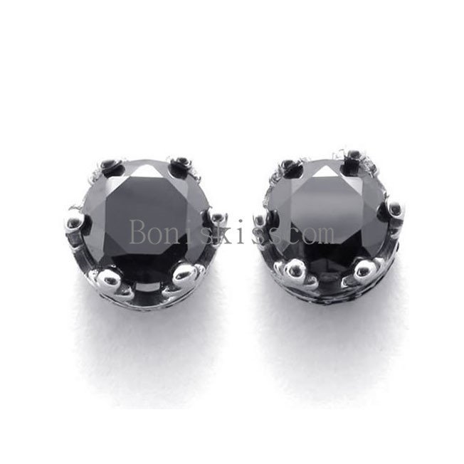 Women’s Men’s Round Crown Cubic Zirconia Silver Stainless Steel Stud Earrings