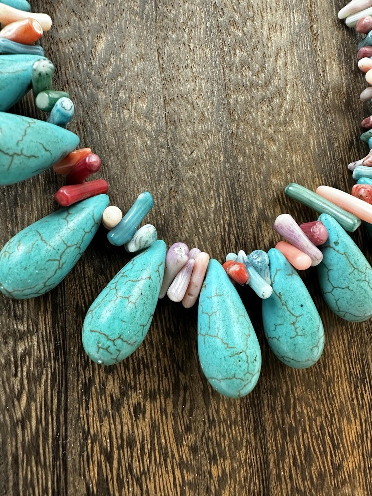 Vintage Turquoise Dyed Howlite & Coral Bead Statement Necklace Colorful Chunky