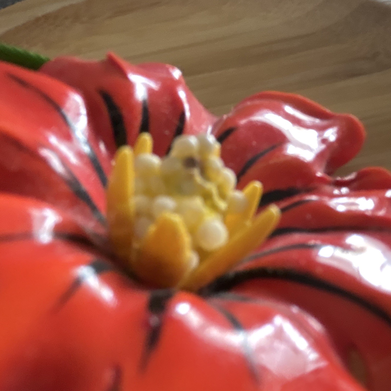 Vintage Red & Green Delicate Plastic Flower Brooch Pin Yellow & Black Accents