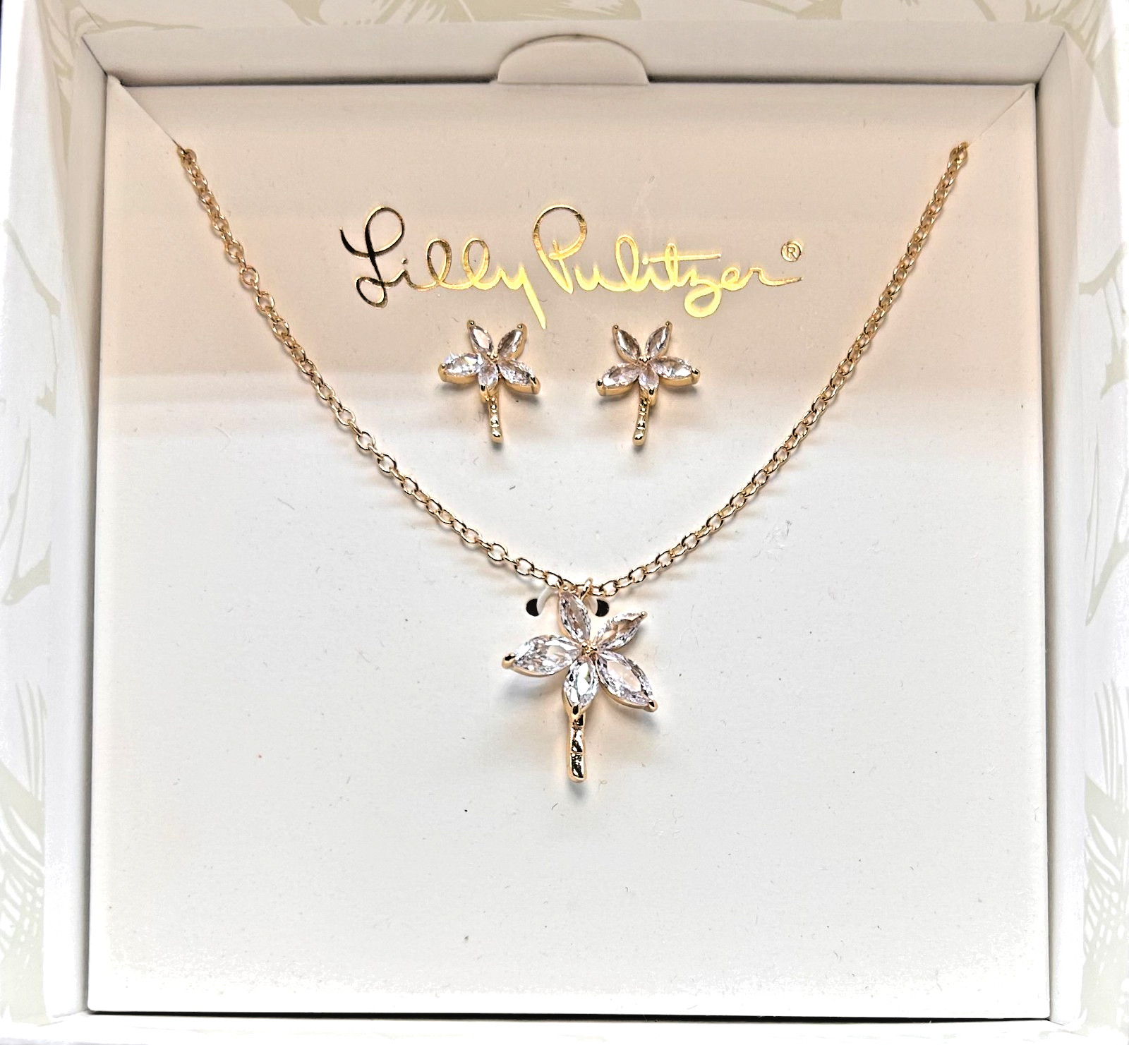Lilly Pulitzer Gold Tone Rhinestone Sparkling Palm Tree Necklace Earring Set NWT