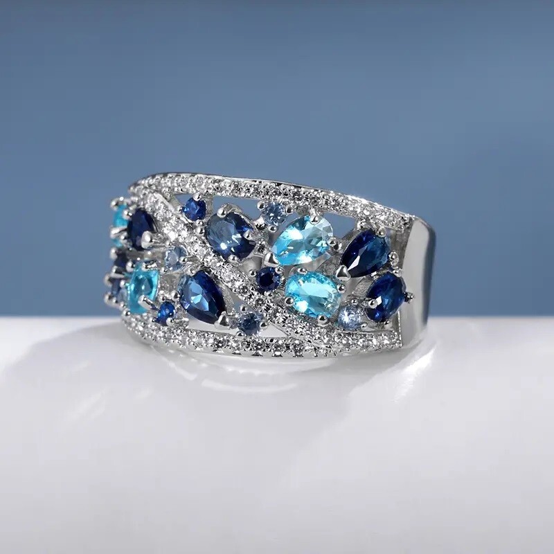 Elegant 925 Sterling Silver Blue White Topaz Wedding Engagement Ring Size 9