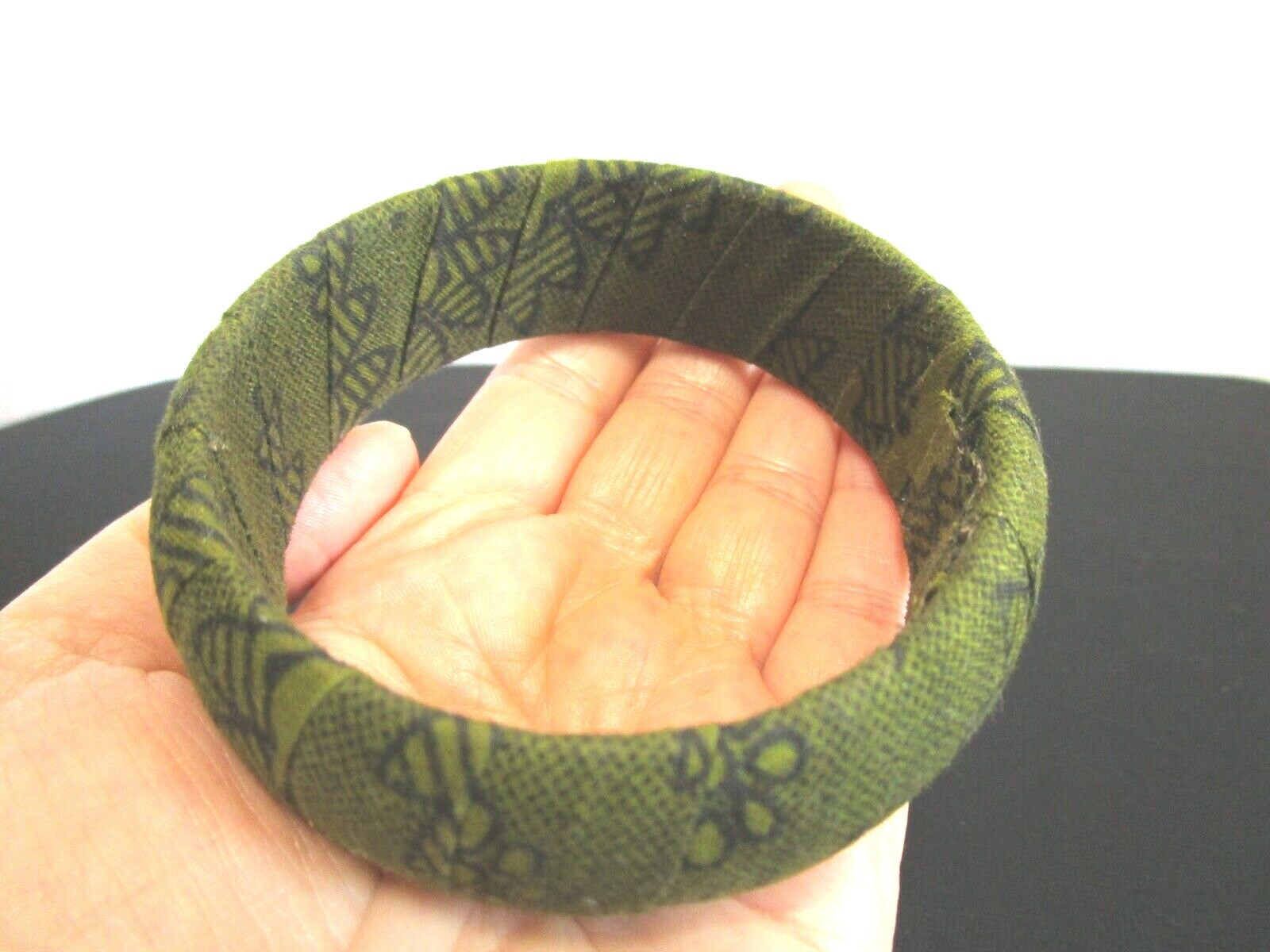 Boho Olive Green Black Flower Fabric Wrapped Bangle Bracelet