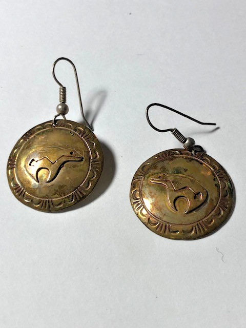 Native American dangle earrings with bear motif with Maker’s Mark ER