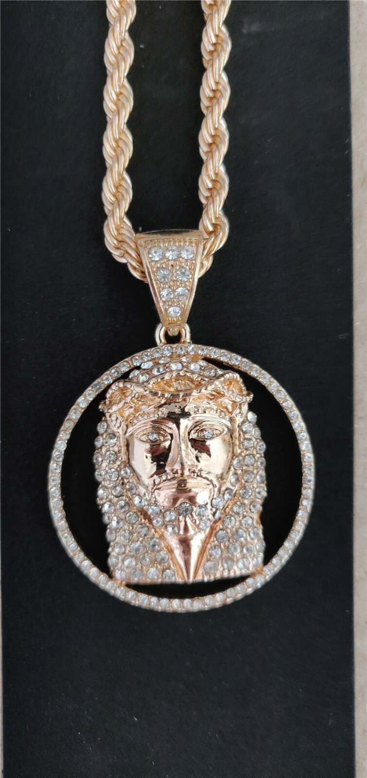 18K Gold Plated Jesus Face Pendant 30″ Chain Necklace Hip Hop Religious Men’s