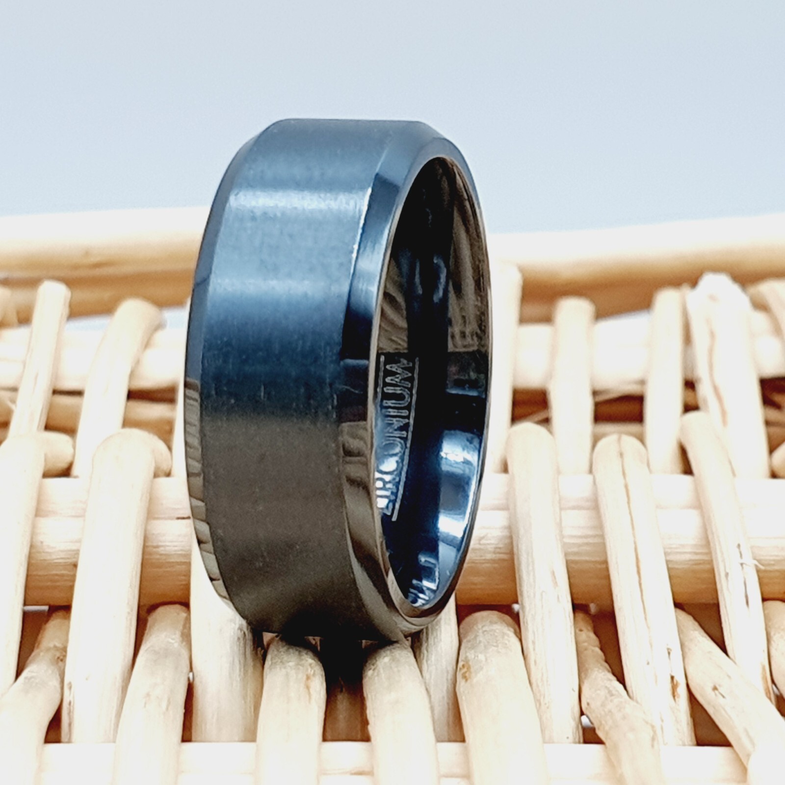 Men’s Black Zirconium Wedding Band – Flat High Polished Beveled Ring