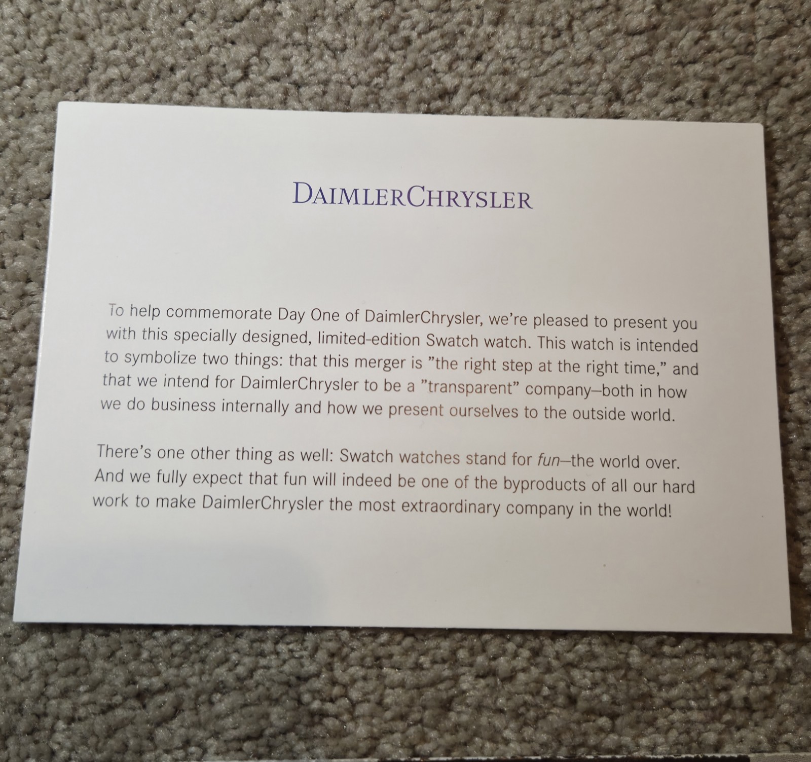 1998 DaimlerChrysler Swatch Watch Day One Employee Gift Set GZ157 NOS Unopened