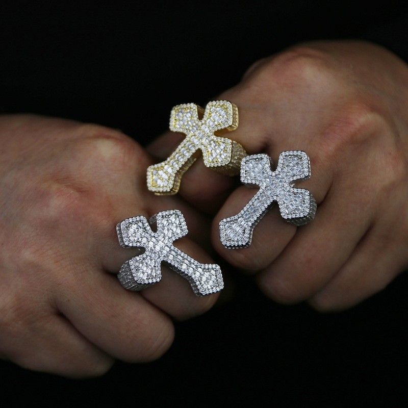 18K Gold Plated Iced CZ Out Cross Ring For Men White Gold Plated Fashion Jewelry
