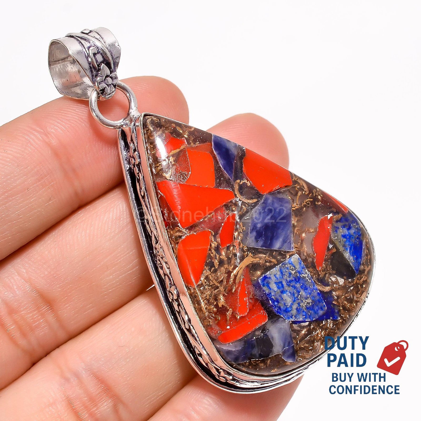 Natural Spiny Copper Lapis Lazuli Coral Sterling Silver Handcrafted Boho Pendant