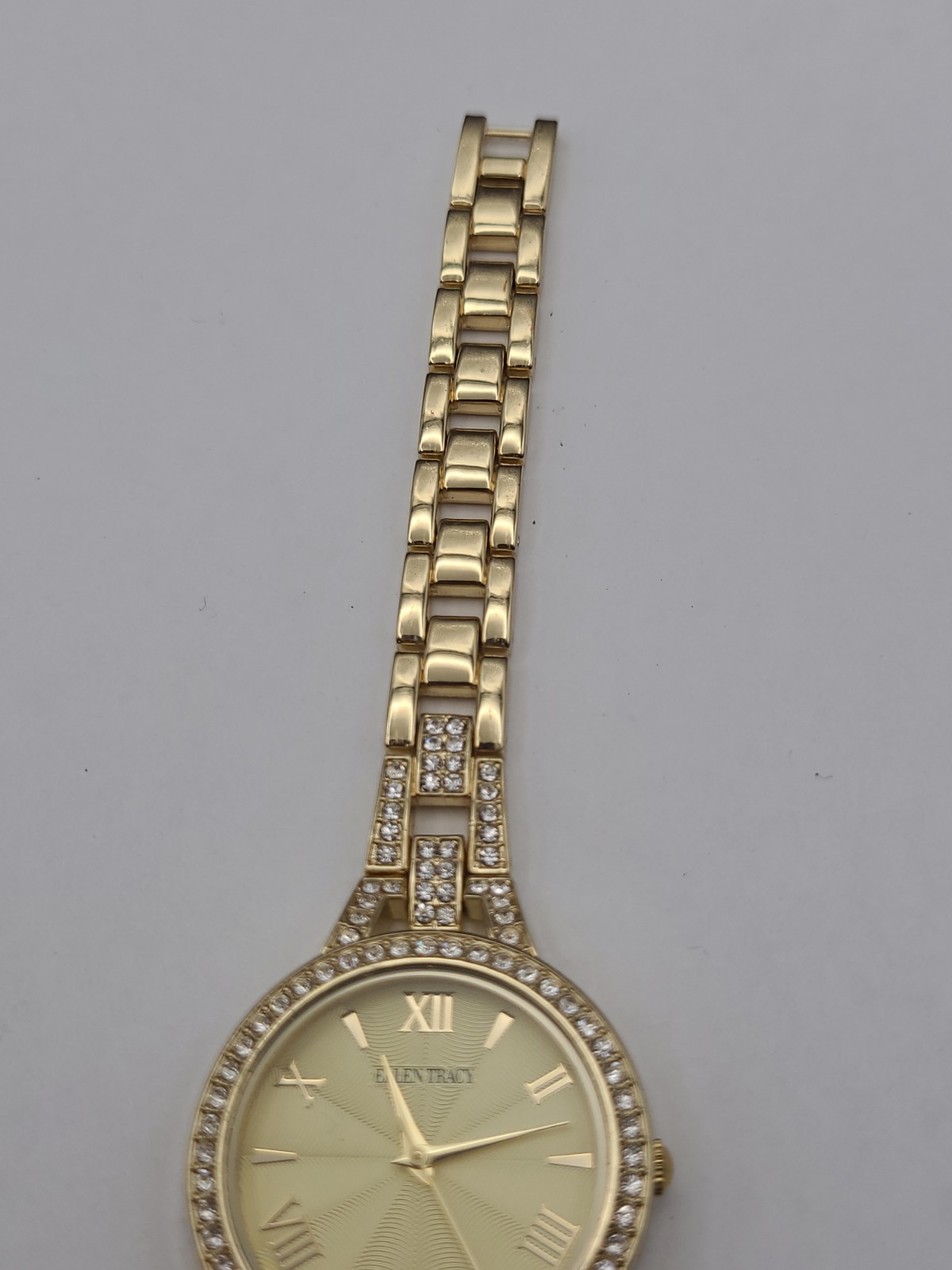 Ellen Tracy Women’s Gold Tone Crystal Bezel Quartz Bracelet Watch Working