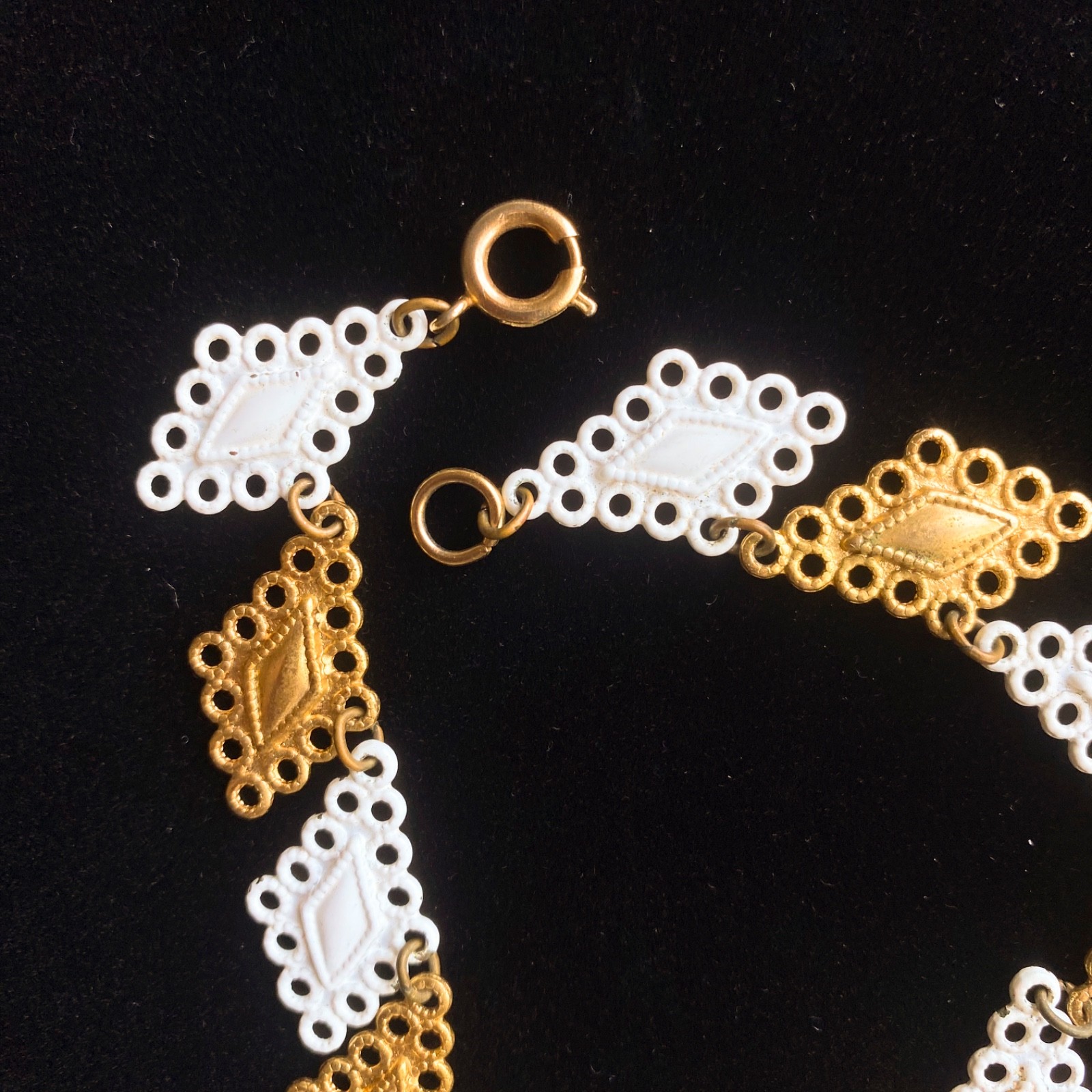 Vintage 60s 70s gold white pendant necklace filigree statement mid century mcm