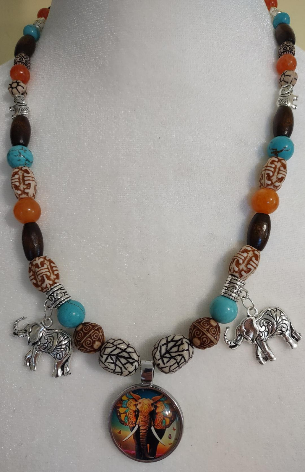Hand beaded necklace, Every day wear, Elephants, Brown, blue, orange, Tribal