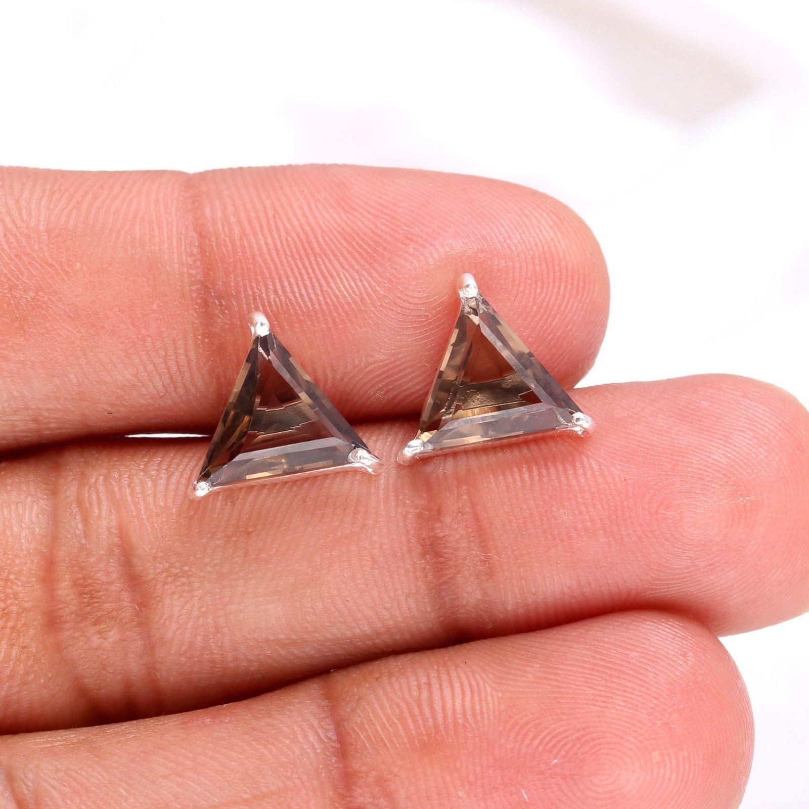 Natural Smoky Topaz Triangle Stud Earring 925 Sterling Silver Minimalist Jewelry