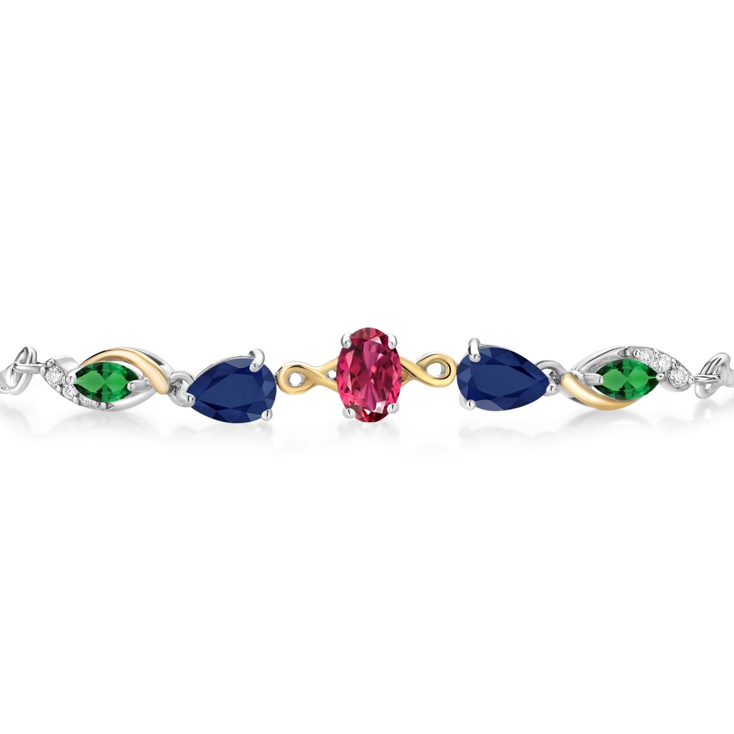 925 Silver and 10K Yellow Gold Pink Tourmaline Sapphire Nano Emerald and Lab