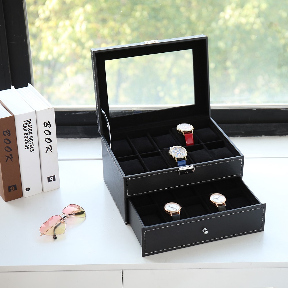 20 Compartments Watch Collection Storage Box Glass Top Display, Lockable, Black~