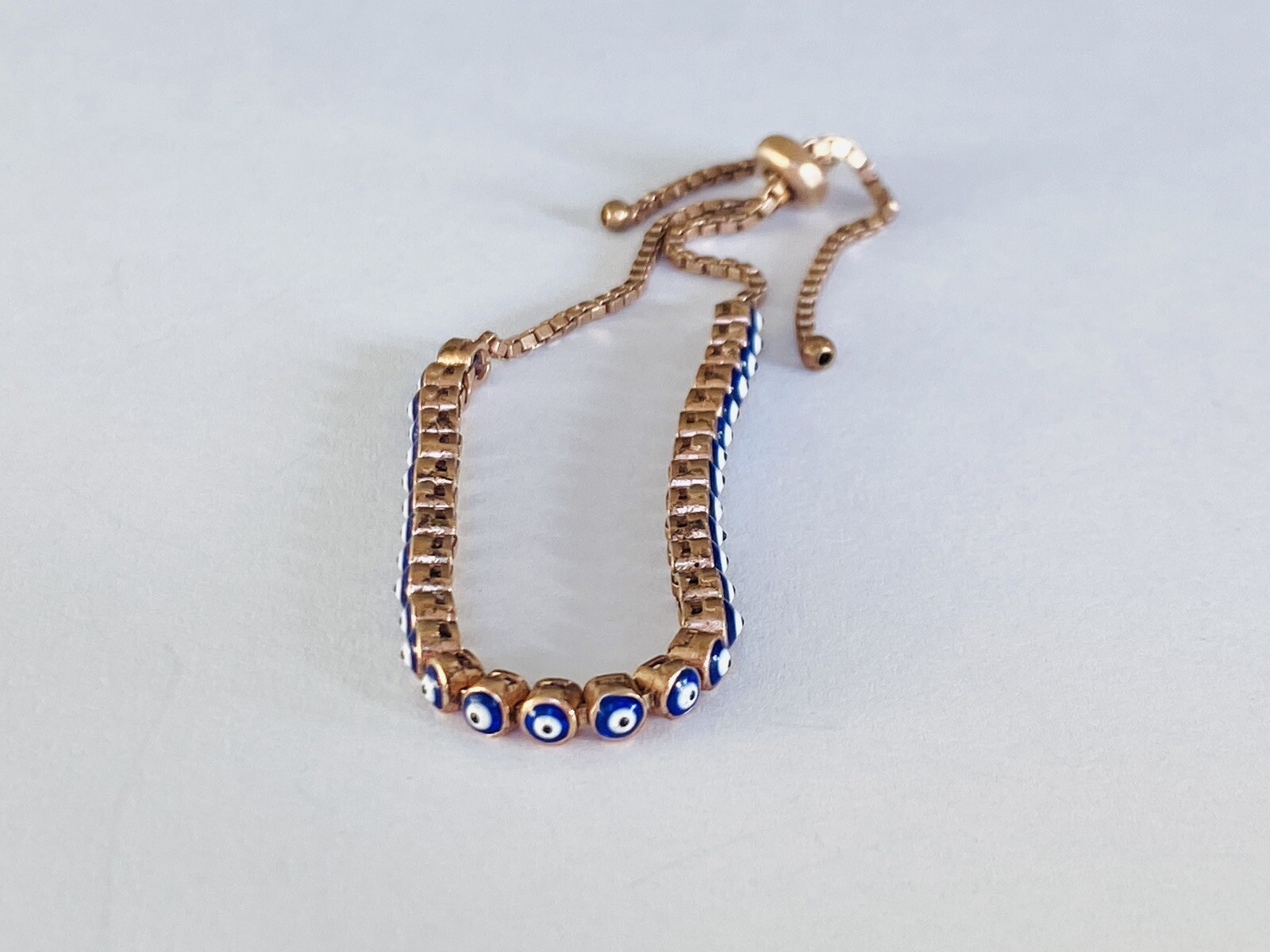 925 Sterling Silver Rose Gold Color Vermeil Evil eye Link Chain Bolo Bracelet