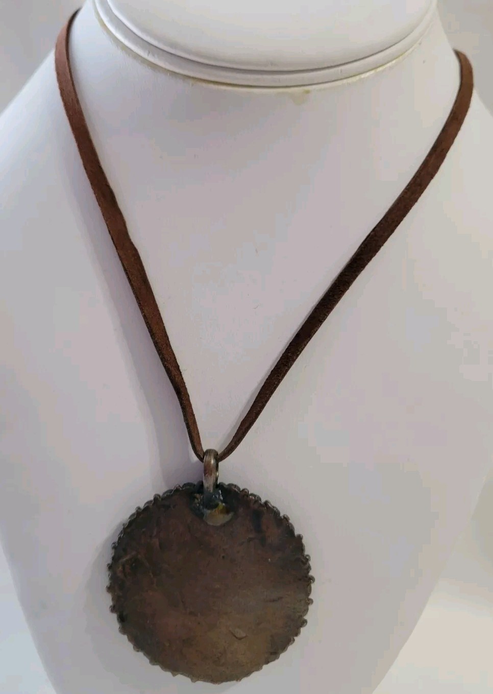 Copper Enamel Round Pendant White Brown Necklace Leather Metal Chain Boho Hippie