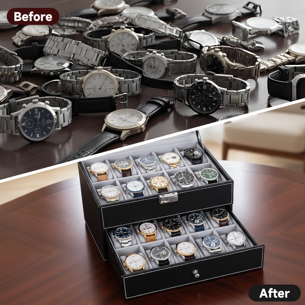 Mens Watch Box Display Case Storage Organiser PU Leather Holder Glass Top Gift