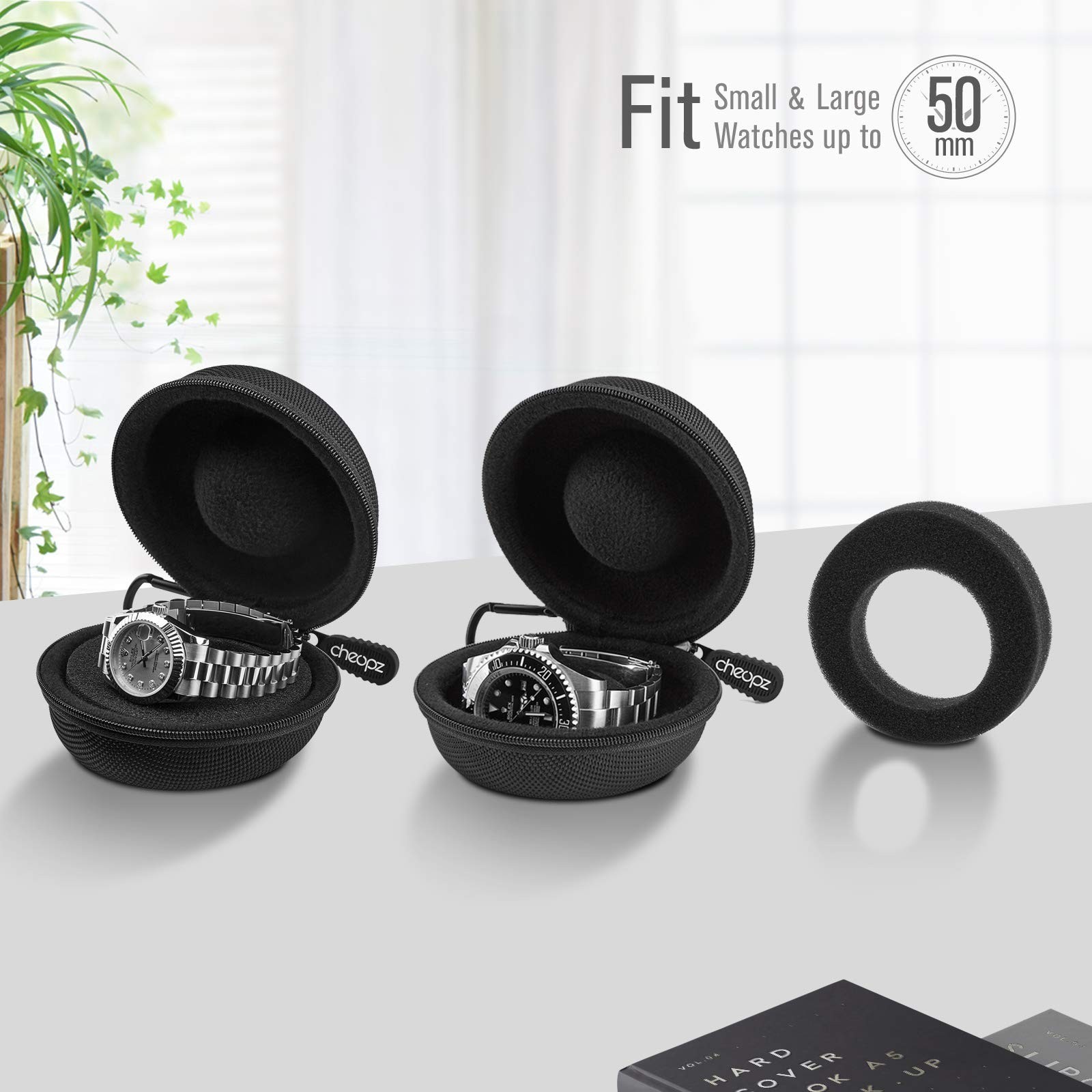 Travel Watch Case for Wristwatches & Smart Watches up to 50mm, Black Storage Box