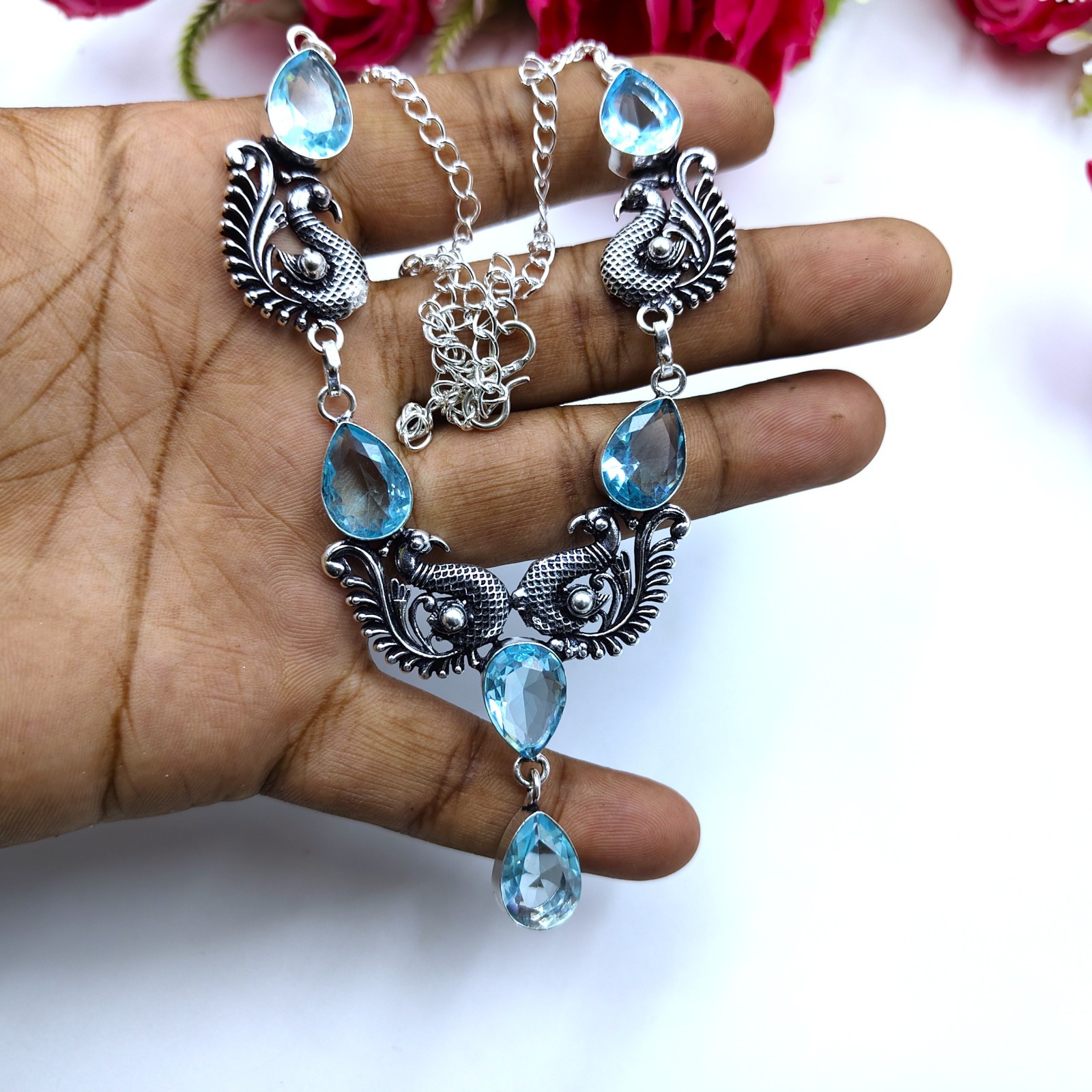 Blue Aquamarine Gemstone Handmade 925 Sterling Silver Jewelry Necklace Sz-17-18″