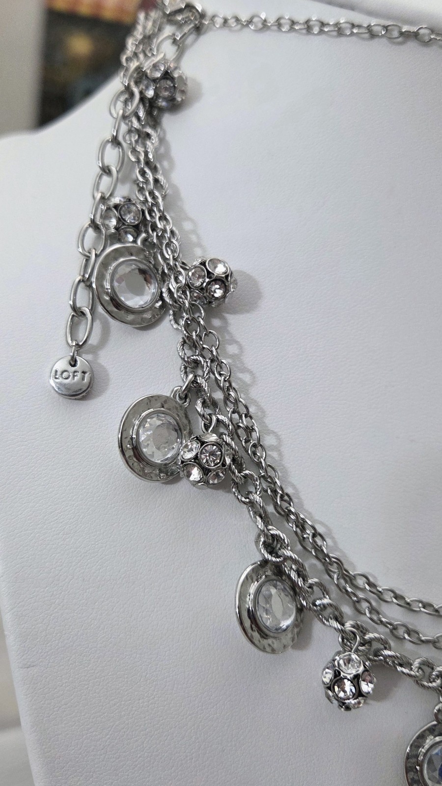 Ann Taylor Loft Multi-strand Necklace Bezel Crystals Silver Tone Disco Beads