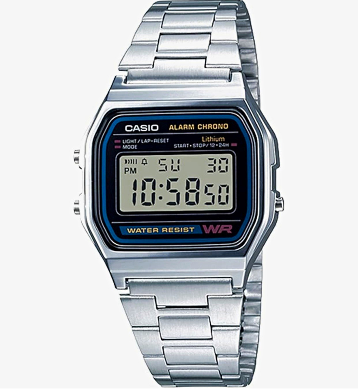 Casio A158 Digital Quartz Wristwatch Alarm Chrono WR Silver Stainless Bracelet