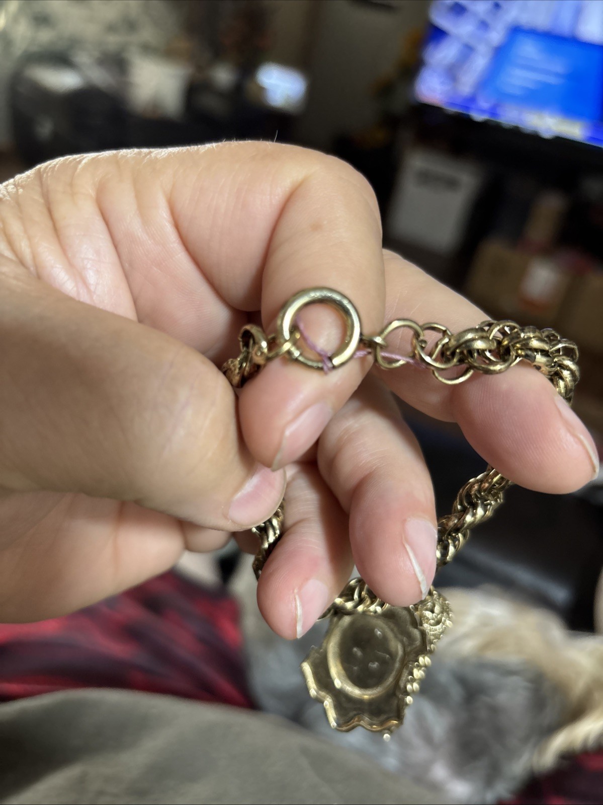 VINTAGE Gold Color Bracelet with Stone & Chain Hanging Charms 7” Long NICE