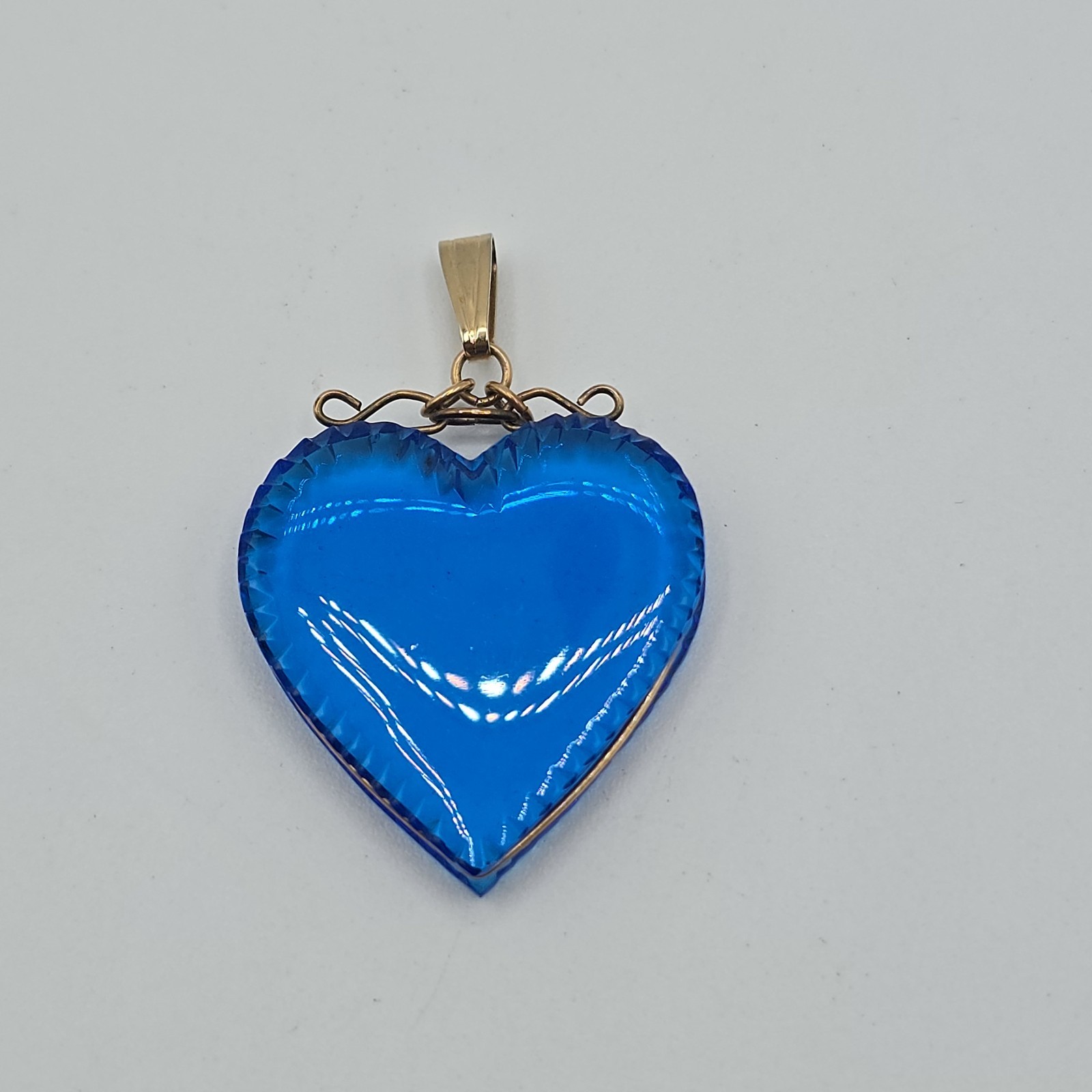 VTG Pressed Glass Heart Pendant 2 Pc Lot, Blue & Clear, Gold Tone Wire Wrapped
