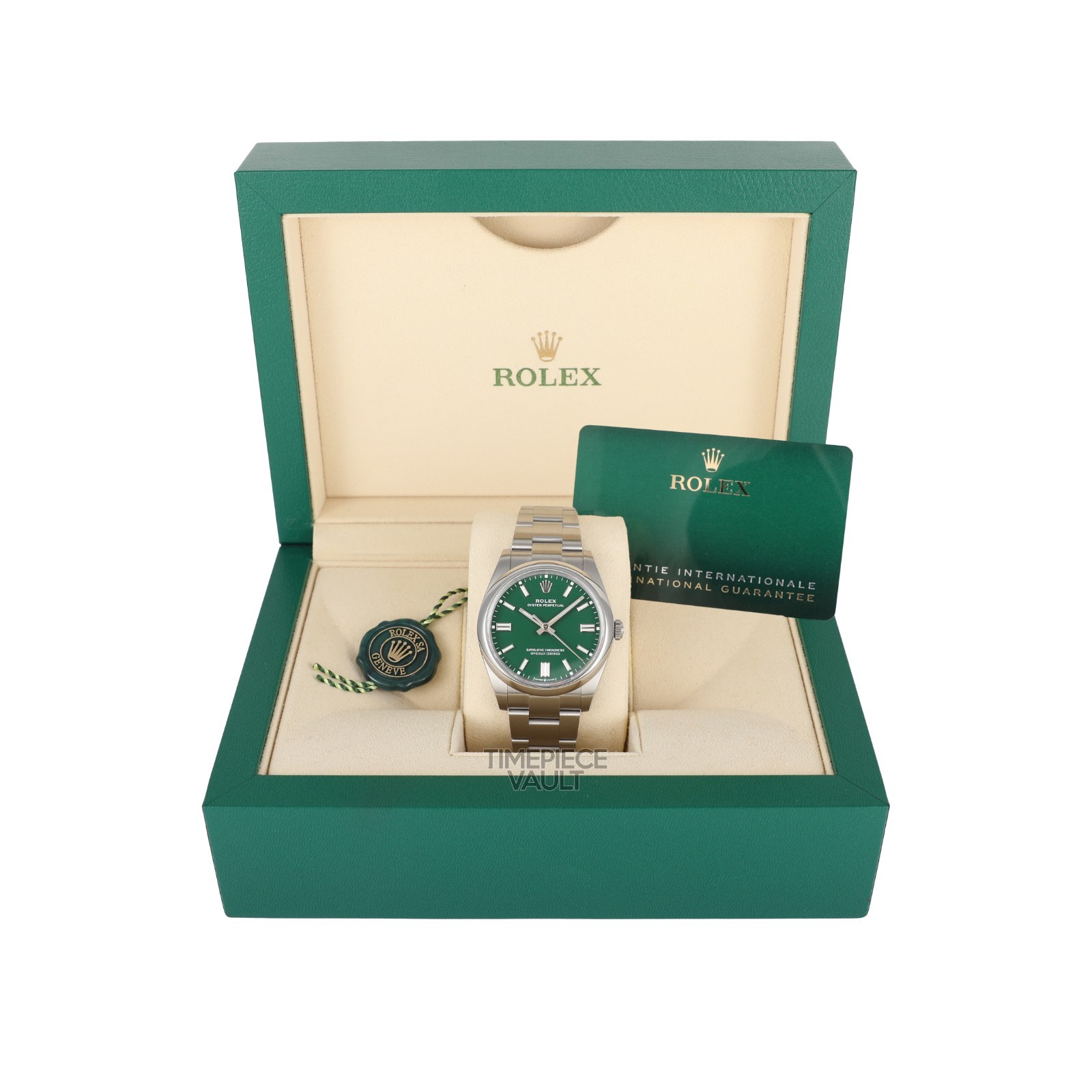 Rolex Men Oyster Perpetual 124300 Steel 41mm Watch Green Stick Index Dial B&P
