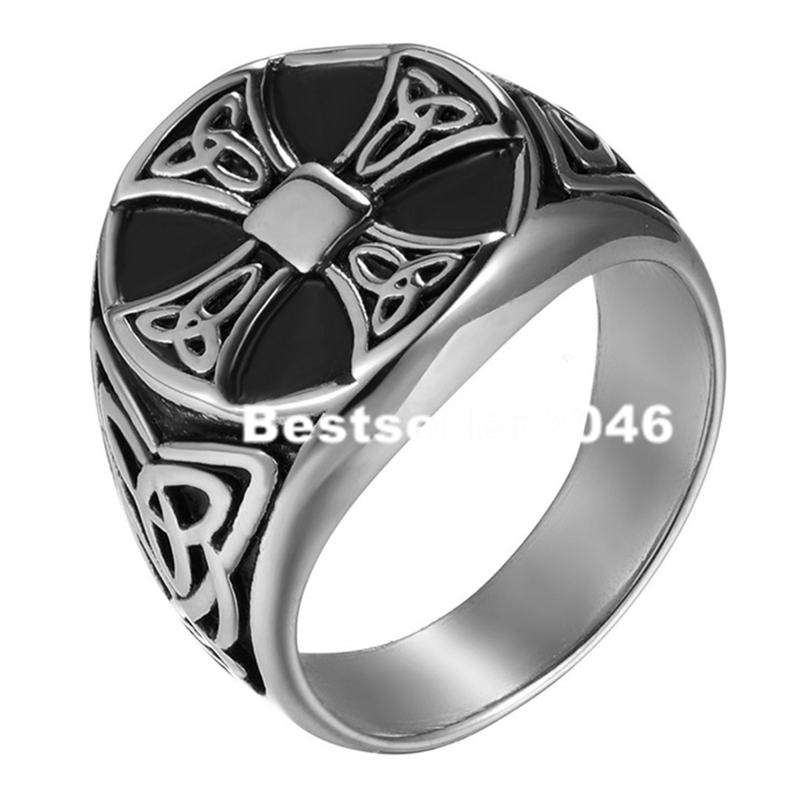 Mens Celtic Cross Signet Trinity Knot Biker Ring Stainless Steel Band Size 7-15