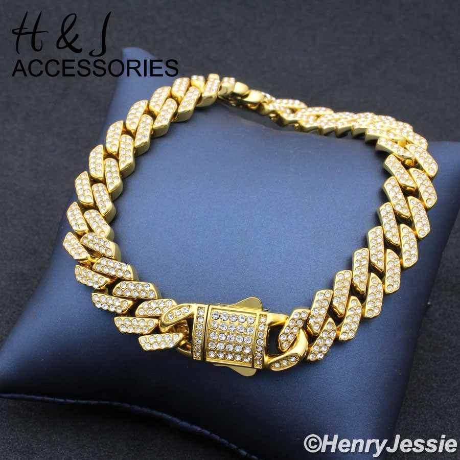16″-40″MEN Stainless Steel Full ICY CZ 10mm Gold Plated Miami Cuban Necklace*171