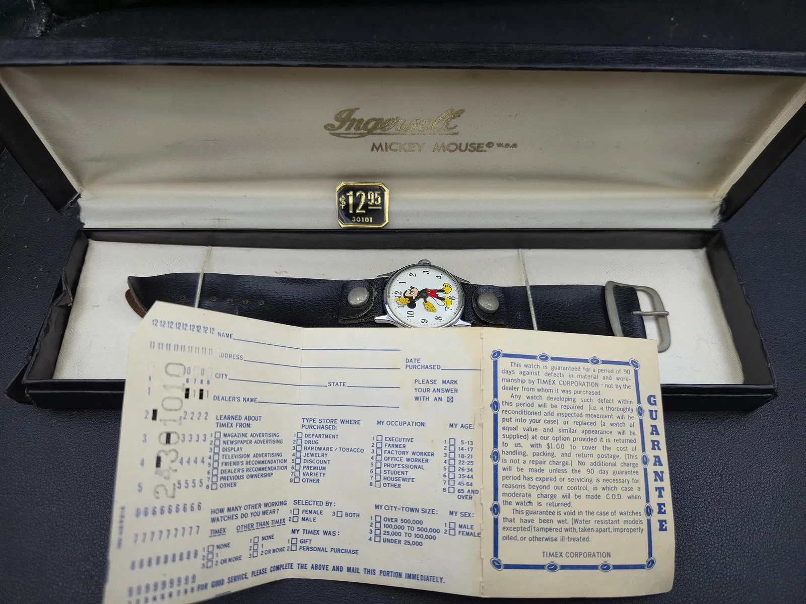 Full Set Vintage Ingersoll Mickey Mouse Fun Timer wristwatch 30101 IOB w/ Papers