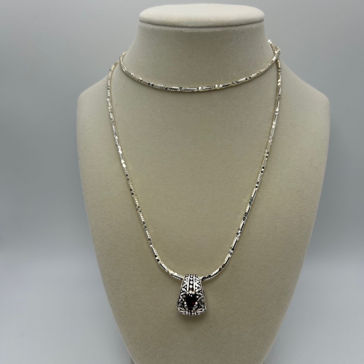 Ornate 925 Sterling Silver Scrolled Long Necklace 30″ w/ Pendant Red Stone 32g
