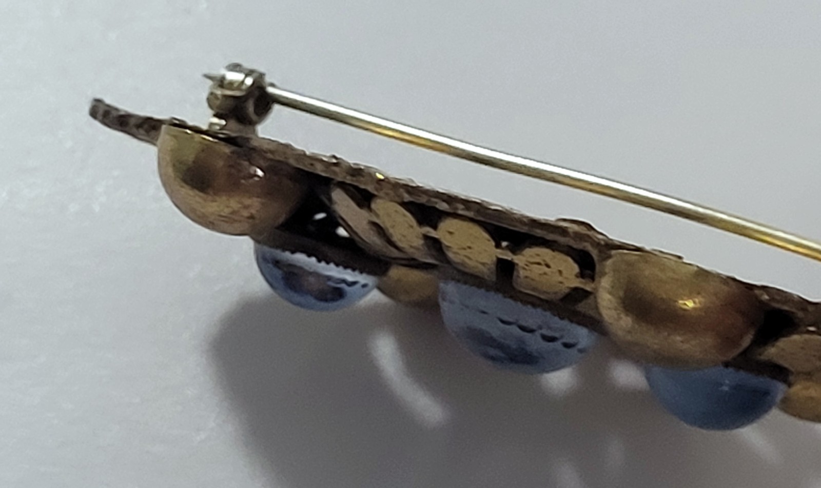 Antique Brooch Brass Three Blue Moonstone Layered 1920-1935 Art Deco