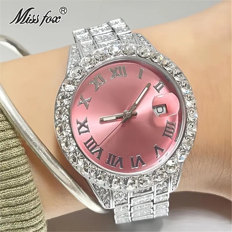 Hip Hop Luxury Ice out Women’s Watch Lady Iced Bling Silver Pink Diamond Jewelry