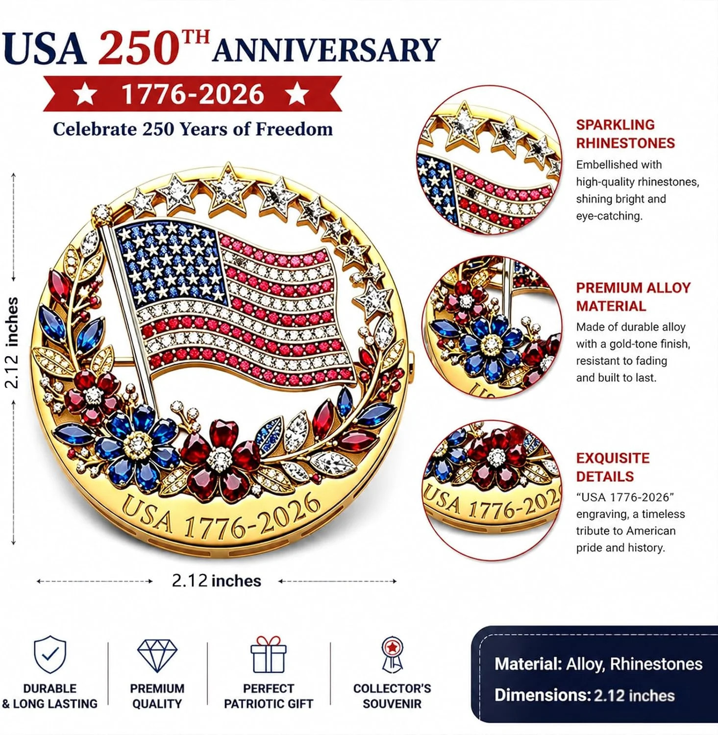 1 Pcs America 250th Birthday Enamel Pins,250 years Anniversary Gold Plated
