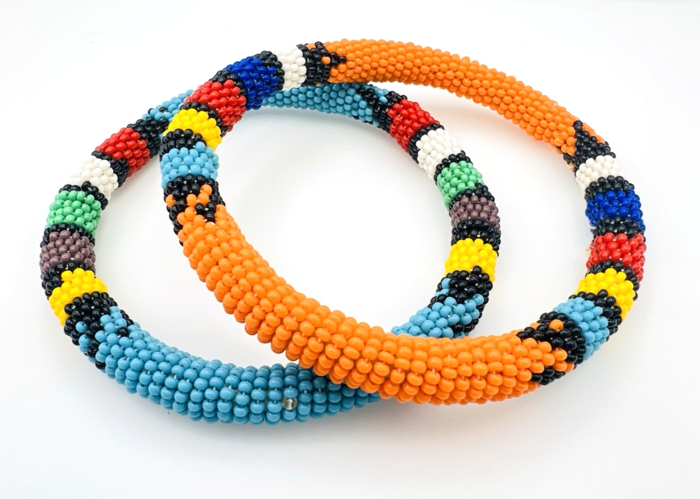 Two Unisex Handcrafted African Seed Bead Bangle Bracelets 2.8 in